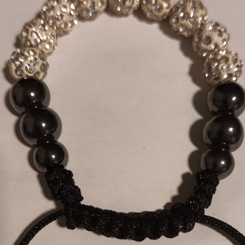 CRYSTAL SHAMBALA ADJUSTABLE BRACELET / SPARKLE BEADS HERMATITE FRIENDSHIP BLACK